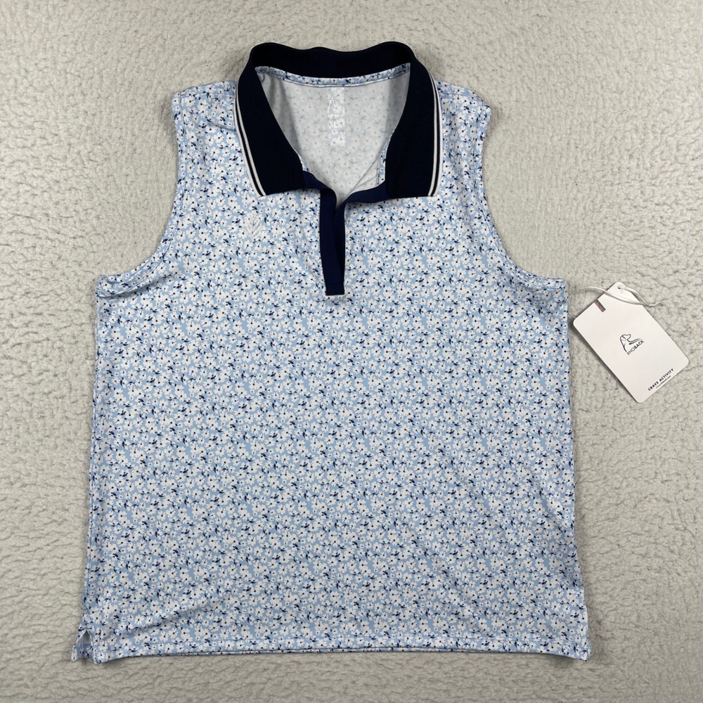Rhoback Brooke Sleeveless Polo Womens Large Blue White Floral Cutalong Golf
